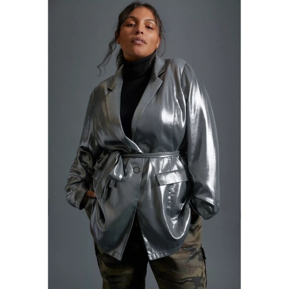NWT Maeve by Anthropologie Zara Metallic Blazer Silver Belted Jacket Size 20W